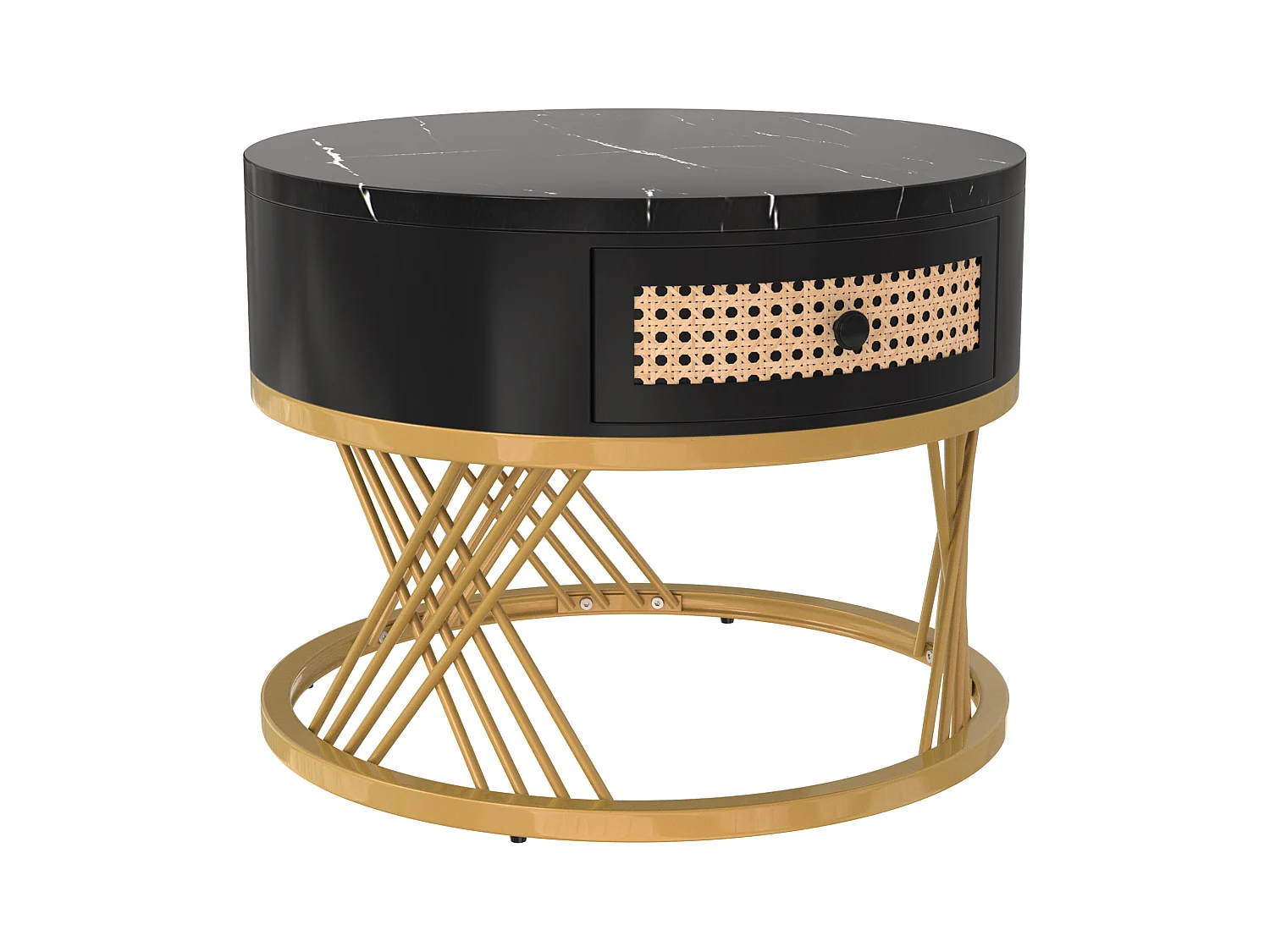 Salontafel 70x70x45.5cm met 2 delig set ronde salontafel 1 laad opslagruimte en ijzeren poten brengen Materiaal MDF en Zwart