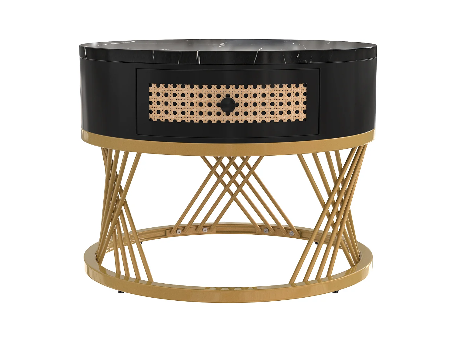 Salontafel 70x70x45.5cm met 2 delig set ronde salontafel 1 laad opslagruimte en ijzeren poten brengen Materiaal MDF en Zwart