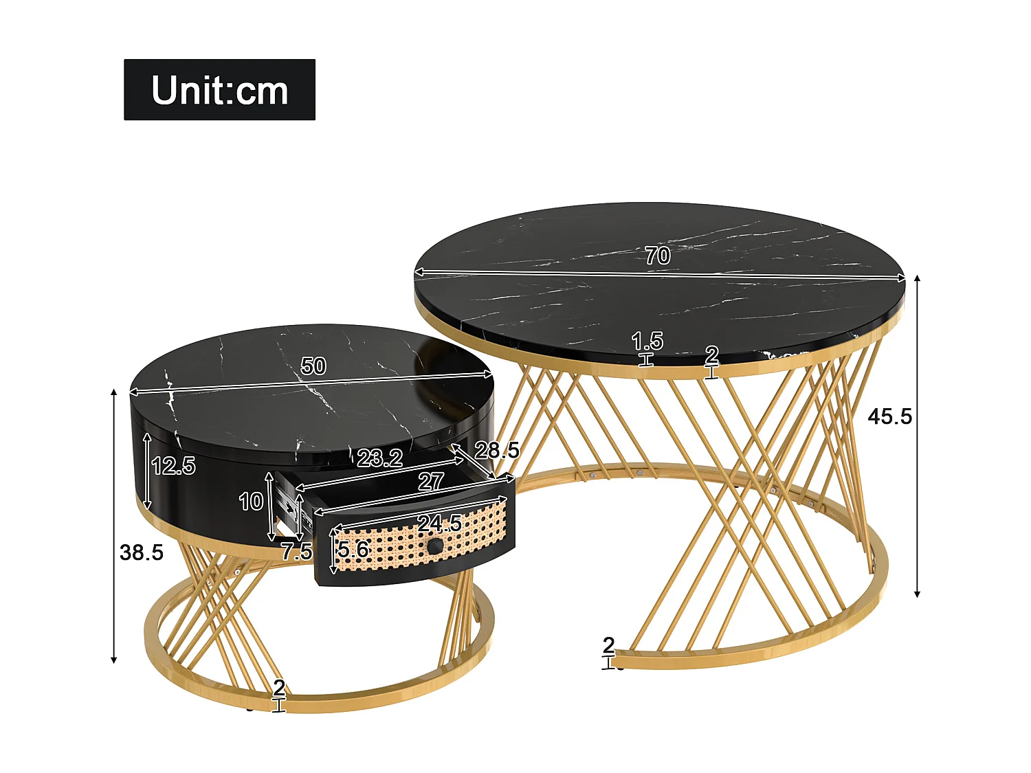 Lot de 2 tables basses 70x70x45.5cm Ronde Un tiroir Espace de rangement Pieds en fer Matériel MDF Noir pour salon