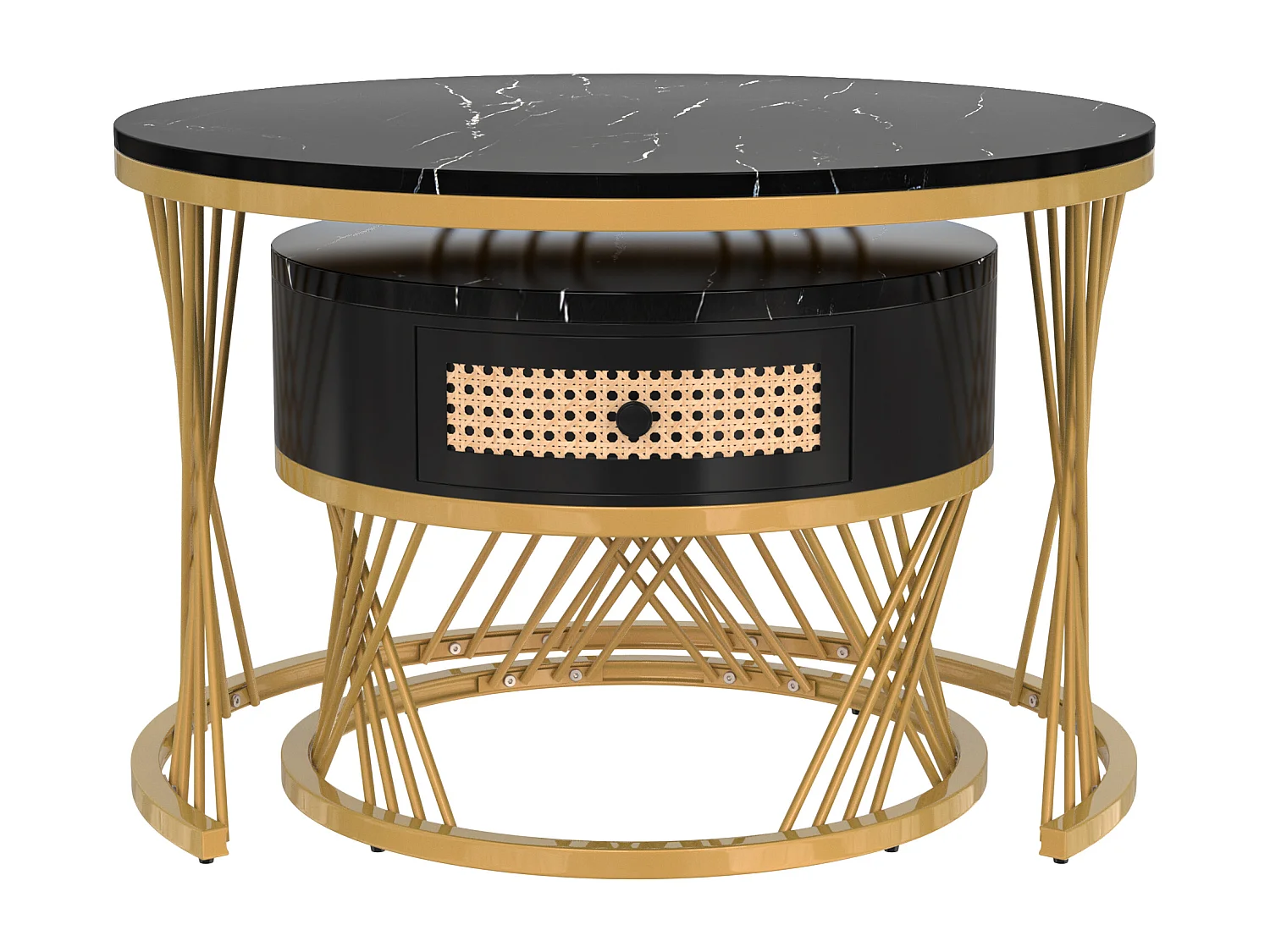 Lot de 2 tables basses 70x70x45.5cm Ronde Un tiroir Espace de rangement Pieds en fer Matériel MDF Noir pour salon