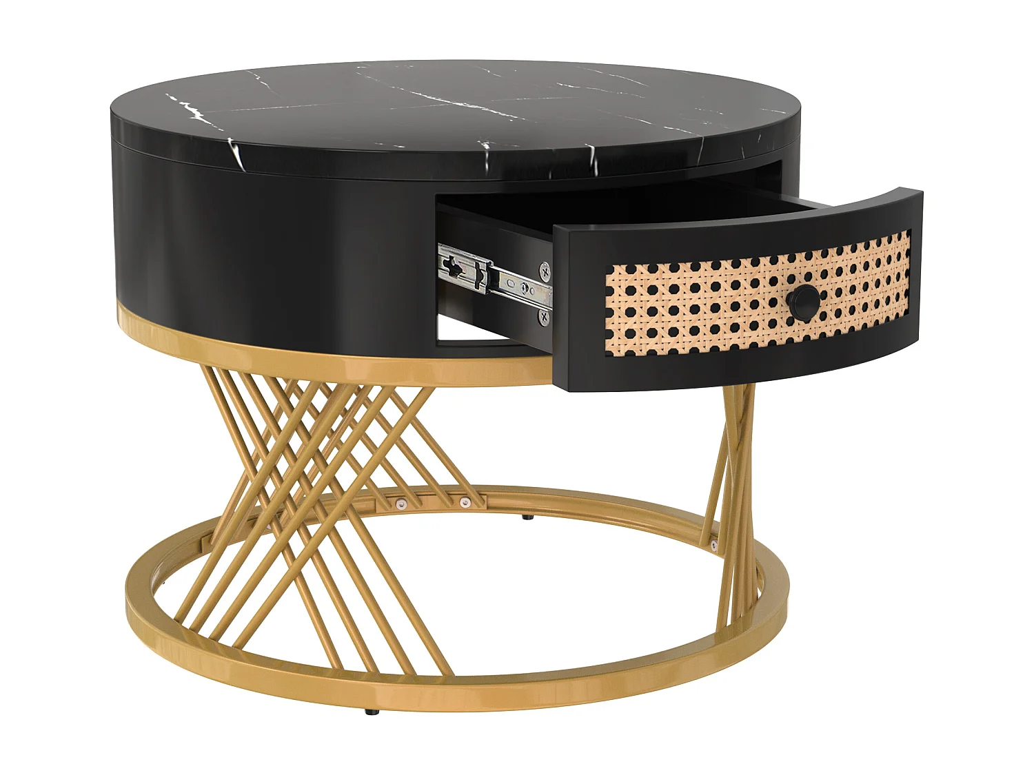 Tables basses gigognes 70x70x45.5 + 50x50x38.5 cm, 2 en 1 avec tiroir, plateaux effet marbre, MDF noir