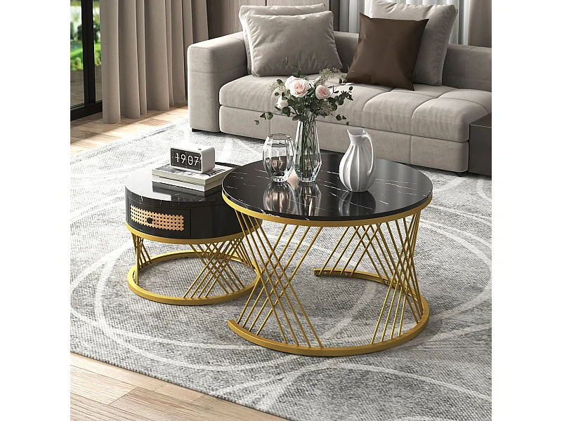 Lot de 2 tables basses 70x70x45.5cm Ronde Un tiroir Espace de rangement Pieds en fer Matériel MDF Noir pour salon