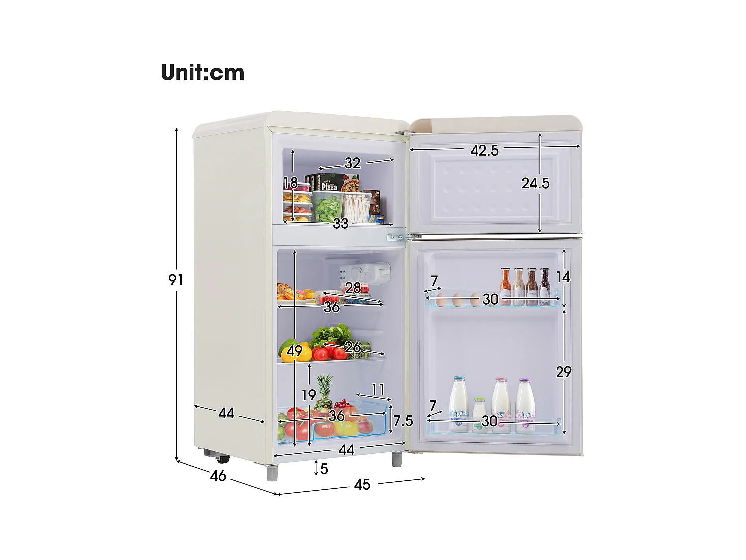 Réfrigérateur 46x45x91cm 2 Portes 72L Total 21L Congélateur LED Espace de rangement Matériel Iron et Blanc