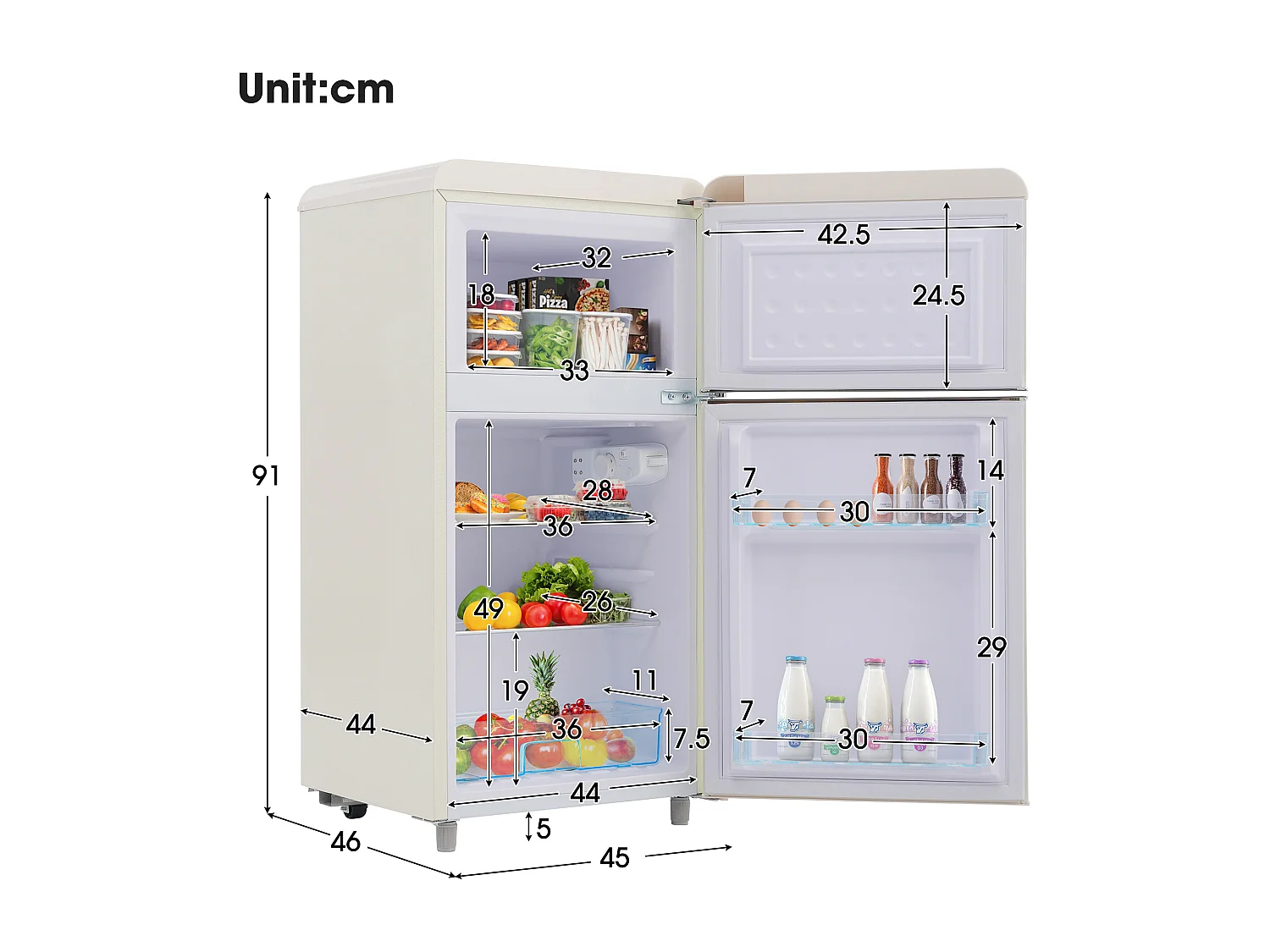 Réfrigérateur 46x45x91cm 2 Portes 72L Total 21L Congélateur LED Espace de rangement Matériel Iron et Blanc