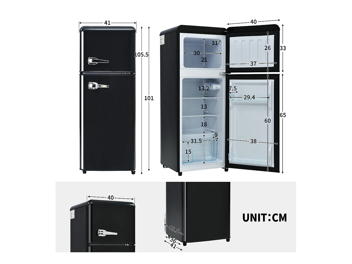 Réfrigérateur 45.5x41x101cm 2 Portes 92L Total 28L Congélateur Porte Rayon Verre 3 Étagères Matériel Plastique et Noir