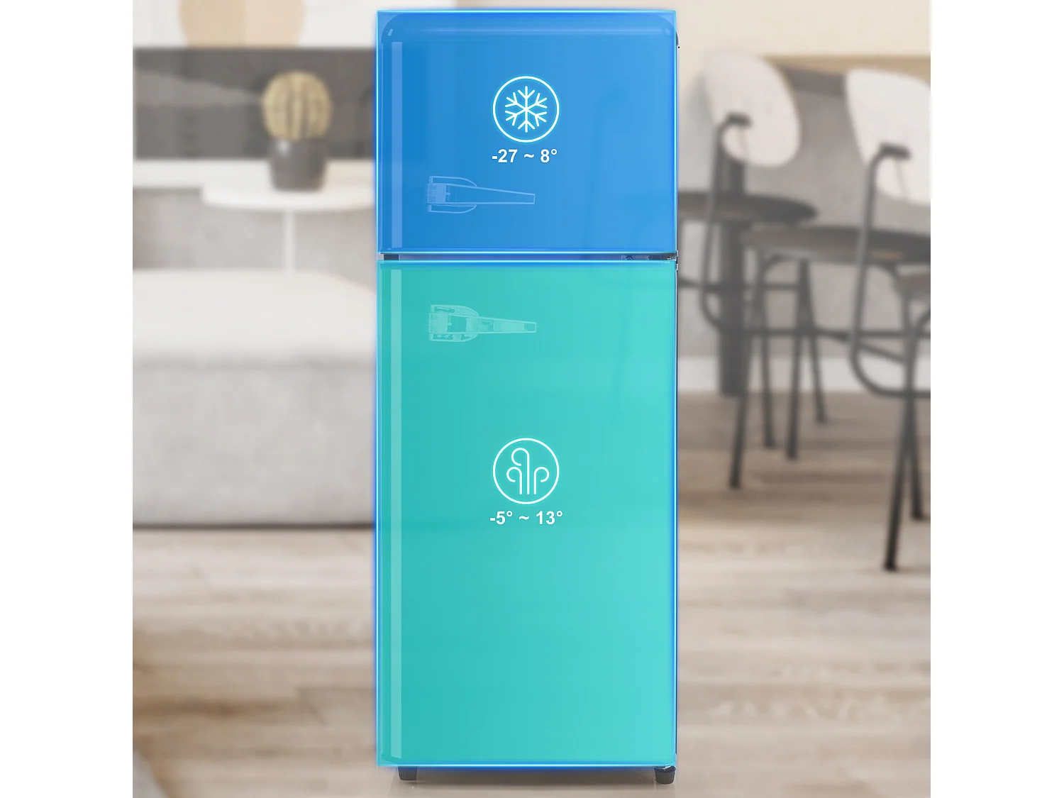 Réfrigérateur congélateur 2 portes 105.5x41x45.5 cm, 92 L, 7 niveaux de température, éclairage LED, plastique noir