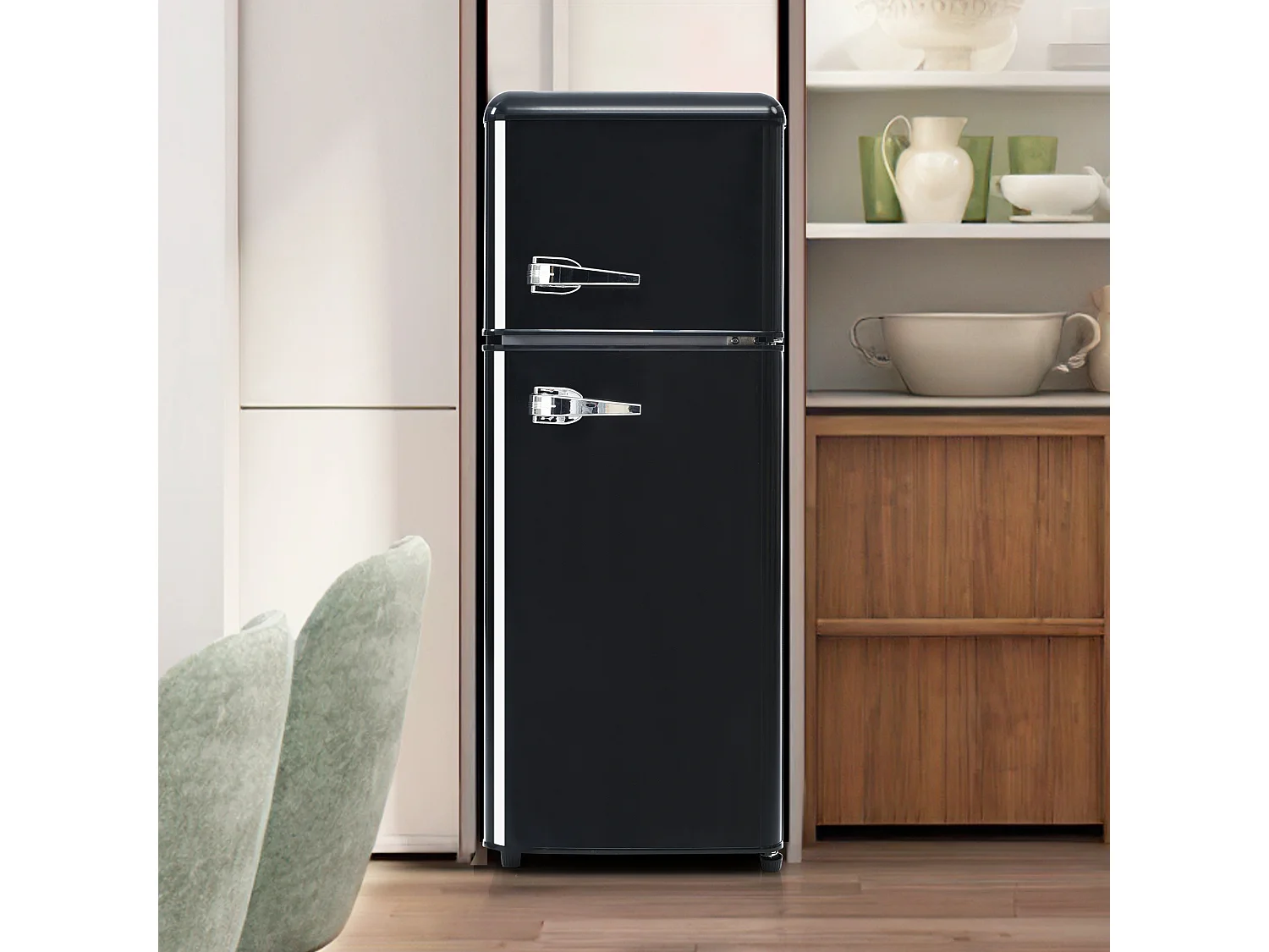 Réfrigérateur congélateur 2 portes 105.5x41x45.5 cm, 92 L, 7 niveaux de température, éclairage LED, plastique noir