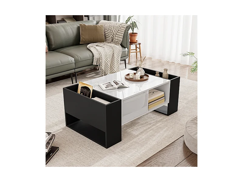 Table basse 105x60x40.5cm Un tiroir Espace de rangement Matériel MDF Blanc pour salon