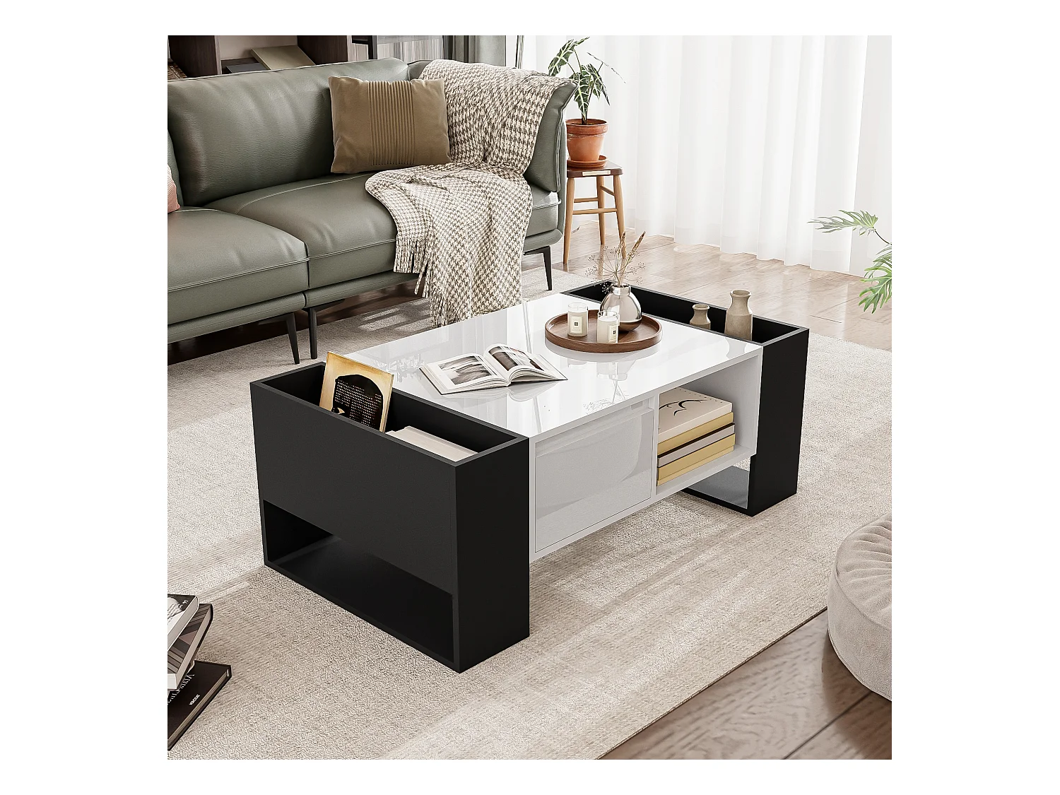 Table basse 105x60x40.5cm Un tiroir Espace de rangement Matériel MDF Blanc pour salon