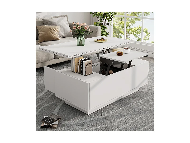 Table basse mécanisme double élévation rangement intégré effet Blanc salon moderne