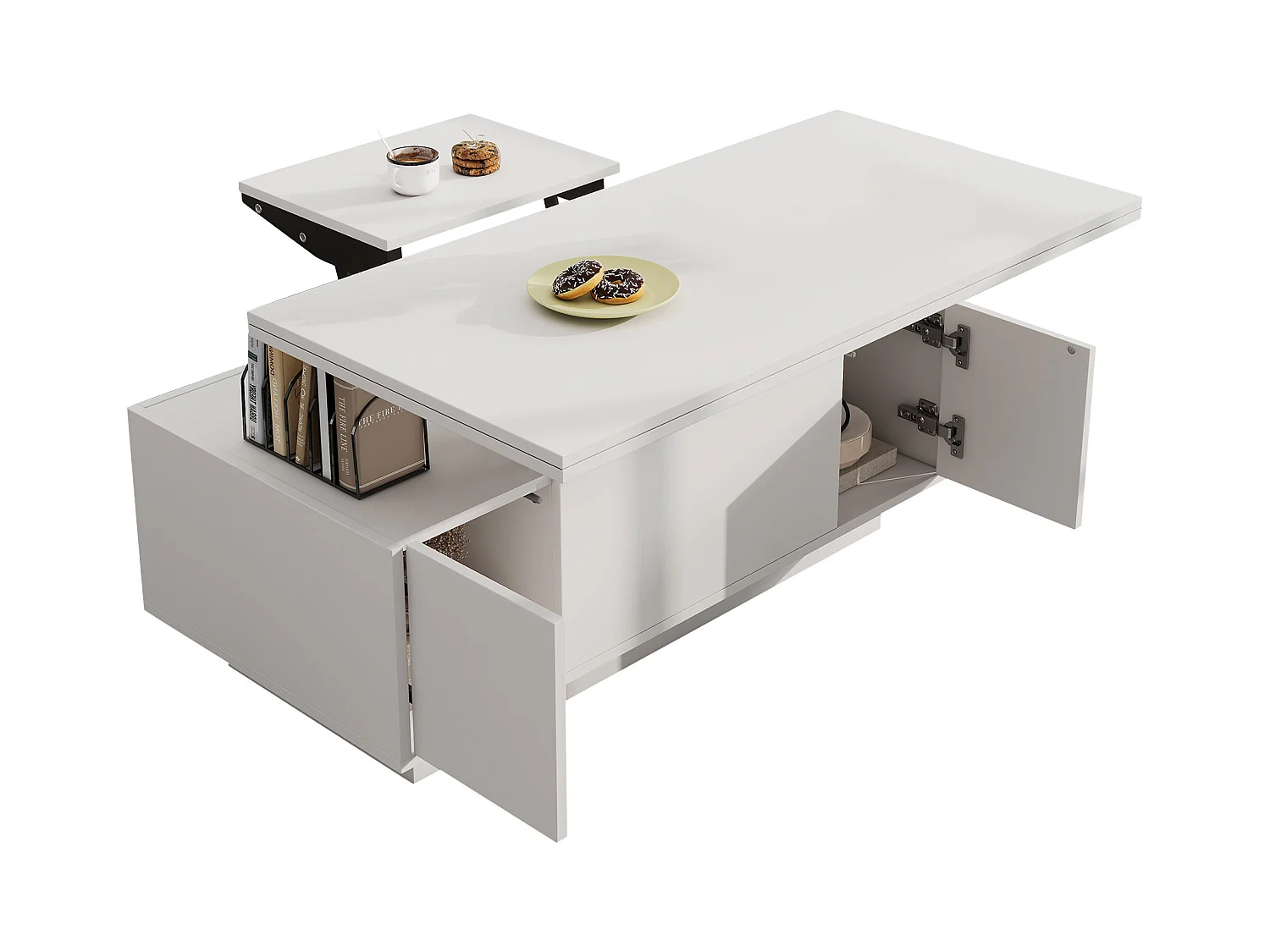 Table basse mécanisme double élévation rangement intégré effet Blanc salon moderne
