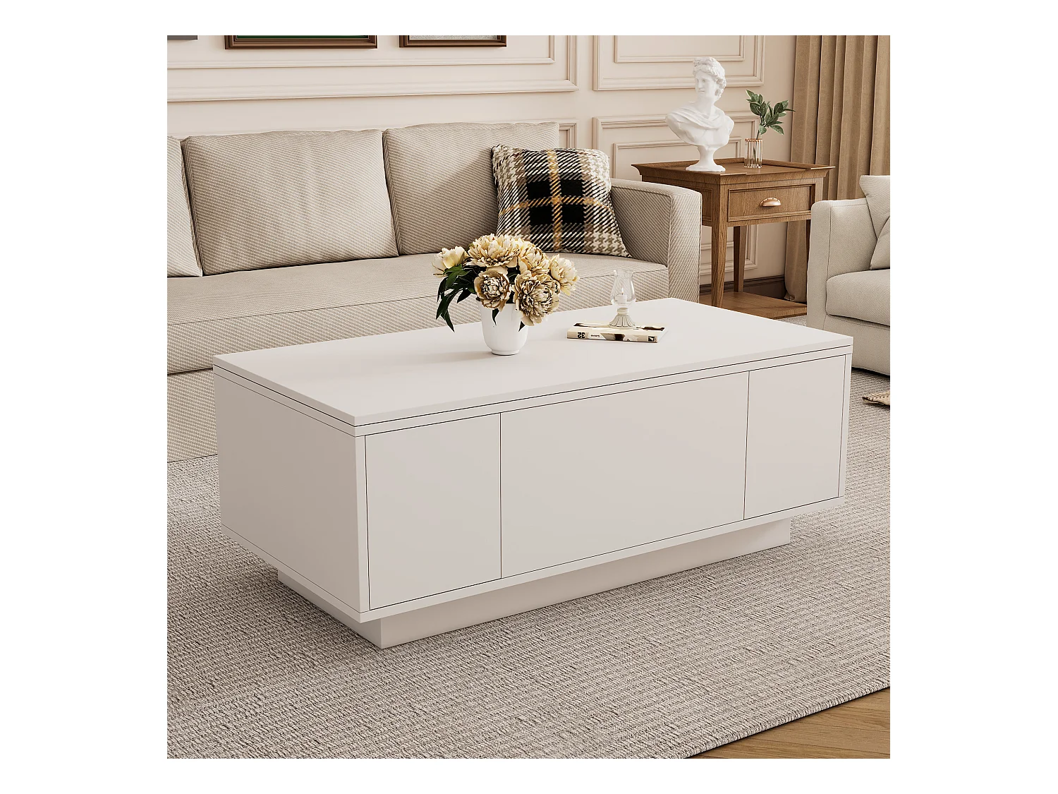 Table basse mécanisme double élévation rangement intégré effet Blanc salon moderne