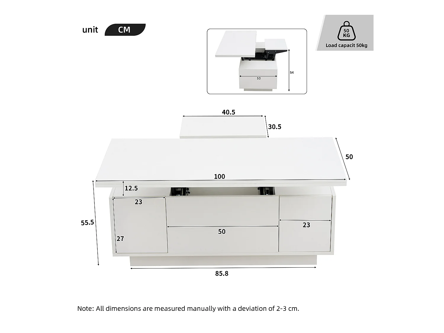 Table basse mécanisme double élévation rangement intégré effet Blanc salon moderne