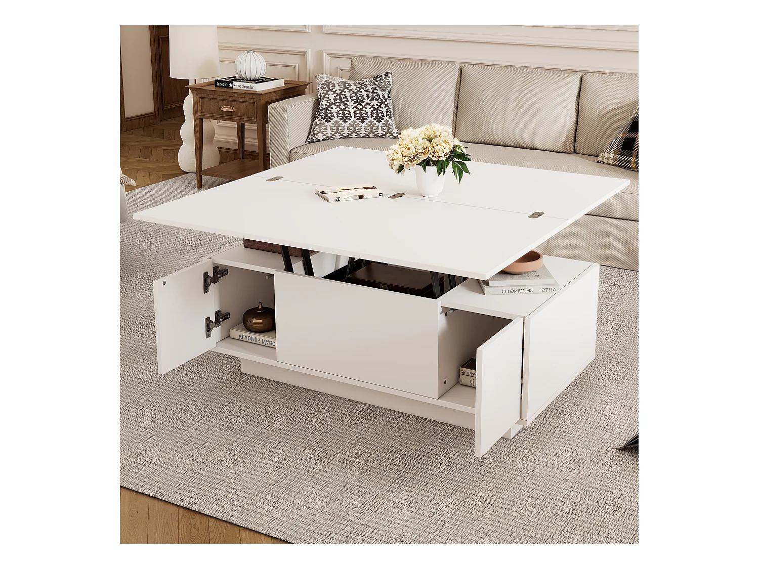 Table basse mécanisme double élévation rangement intégré effet Blanc salon moderne