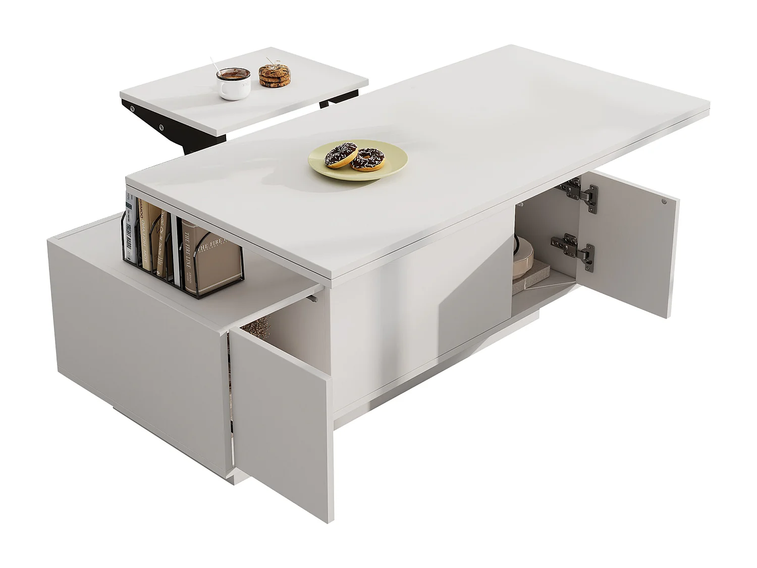 Table basse mécanisme double élévation rangement intégré effet Blanc salon moderne