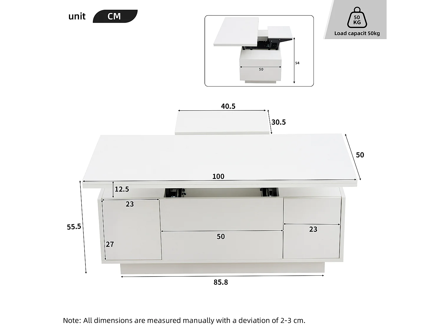 Table basse mécanisme double élévation rangement intégré effet Blanc salon moderne
