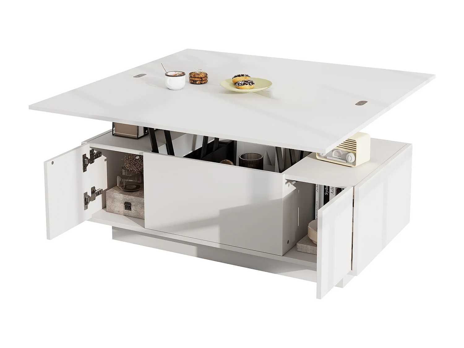 Table basse 100x50x43 cm, double plateau relevable, rangement caché avec 2 portes, panneaux de particules, blanc