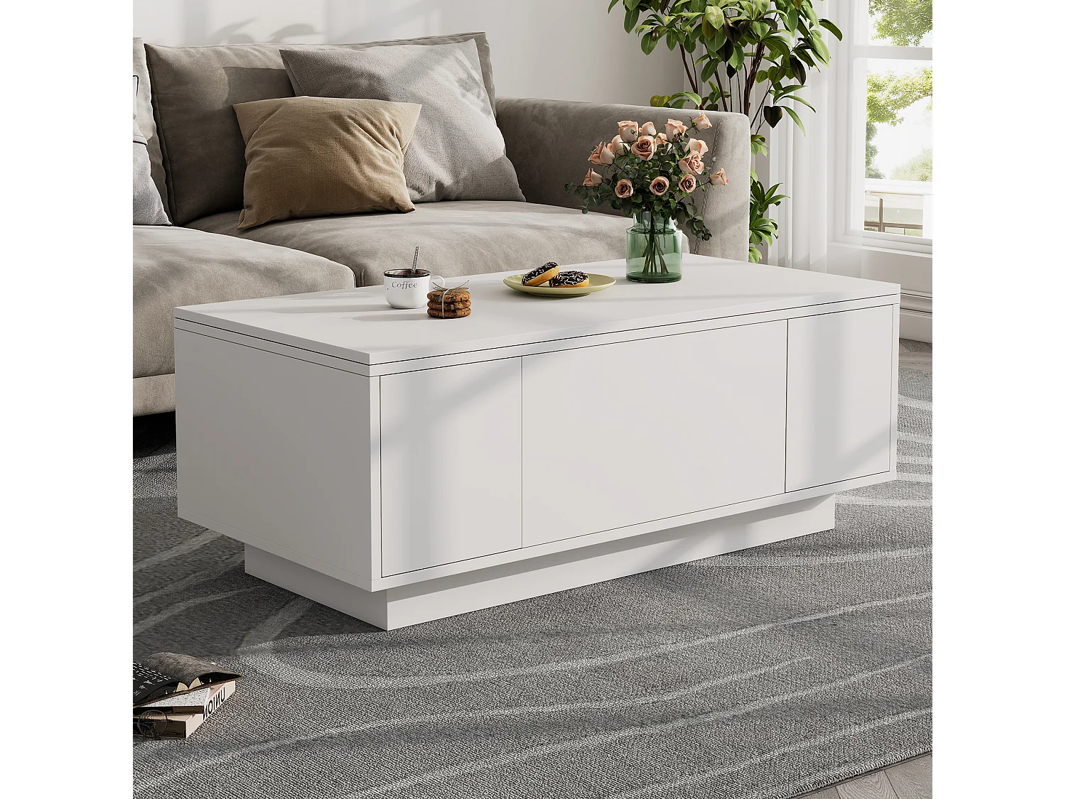 Table basse 100x50x43 cm, double plateau relevable, rangement caché avec 2 portes, panneaux de particules, blanc