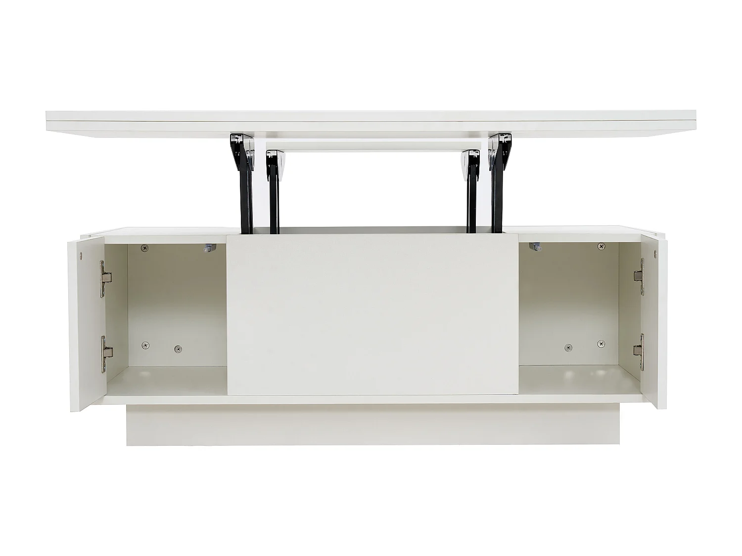 Table basse 100x50x43 cm, double plateau relevable, rangement caché avec 2 portes, panneaux de particules, blanc
