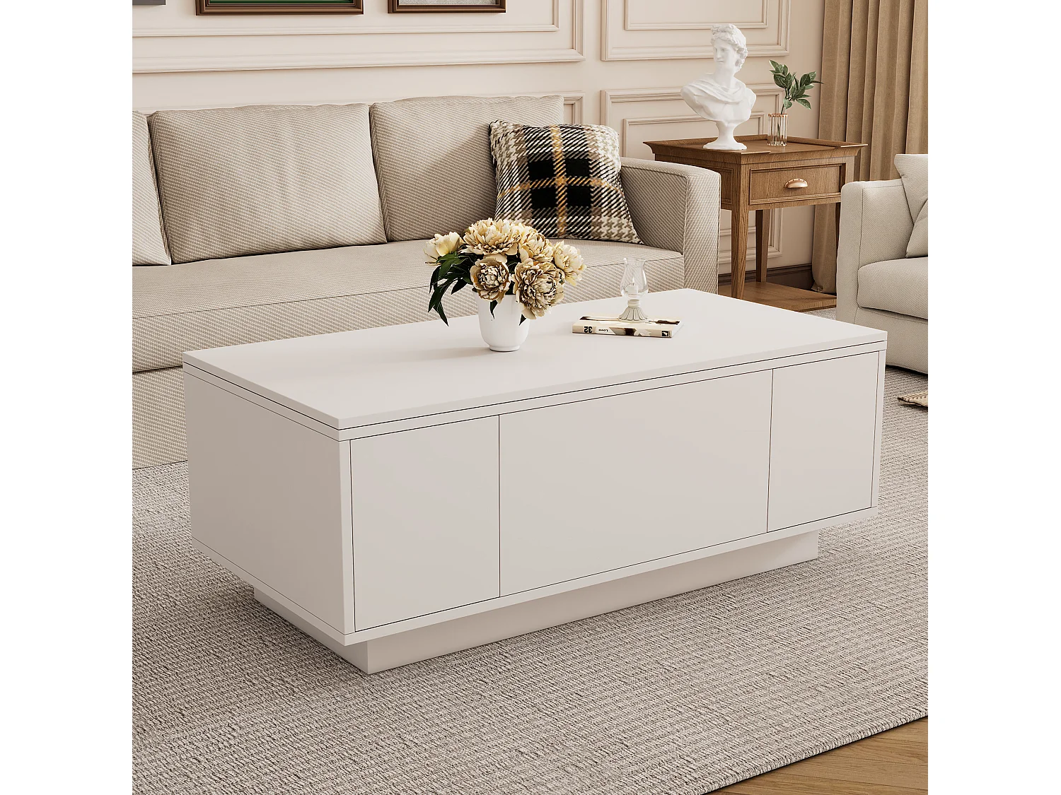 Table basse 100x50x43 cm, double plateau relevable, rangement caché avec 2 portes, panneaux de particules, blanc
