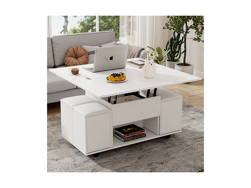Table basse extensible mécanisme relevage double multifonction blanc salon bureau salle à manger