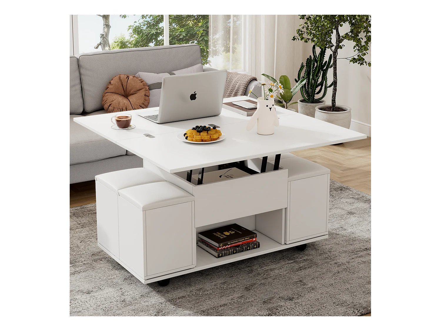 Table basse extensible mécanisme relevage double multifonction blanc salon bureau salle à manger