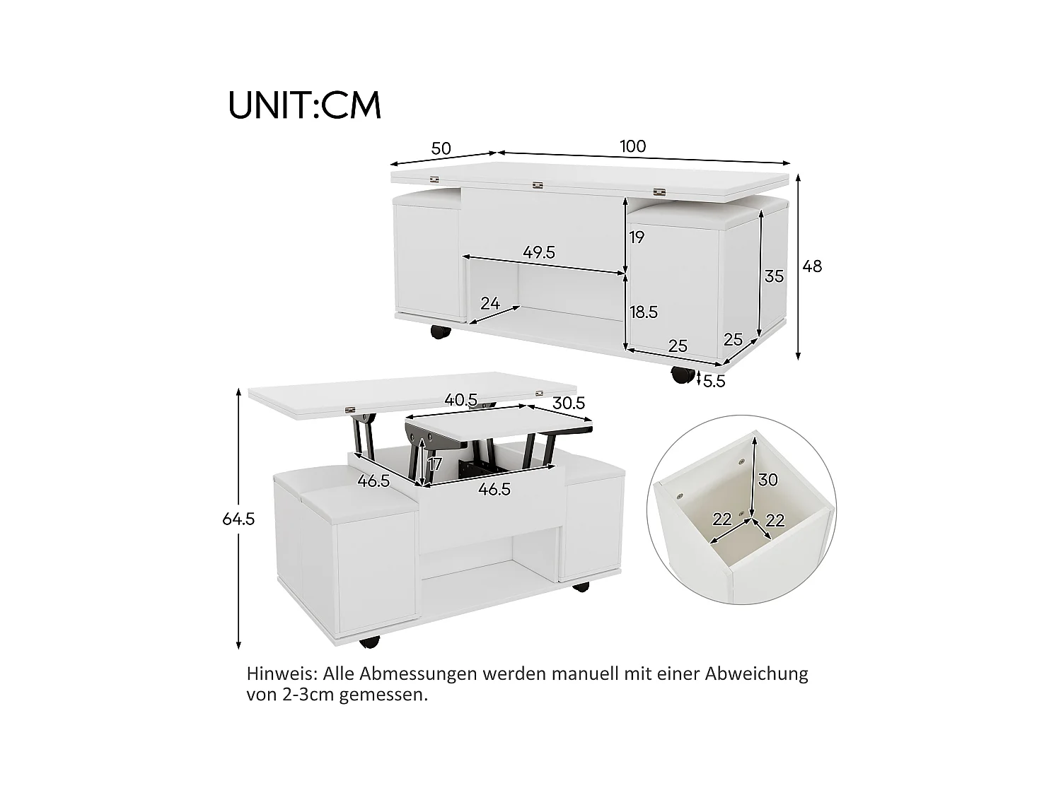 Table basse extensible mécanisme relevage double multifonction blanc salon bureau salle à manger