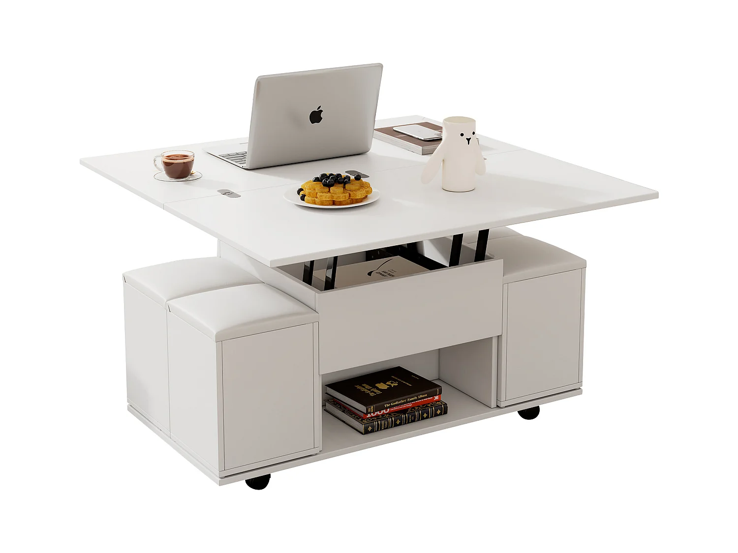 Table basse extensible mécanisme relevage double multifonction blanc salon bureau salle à manger