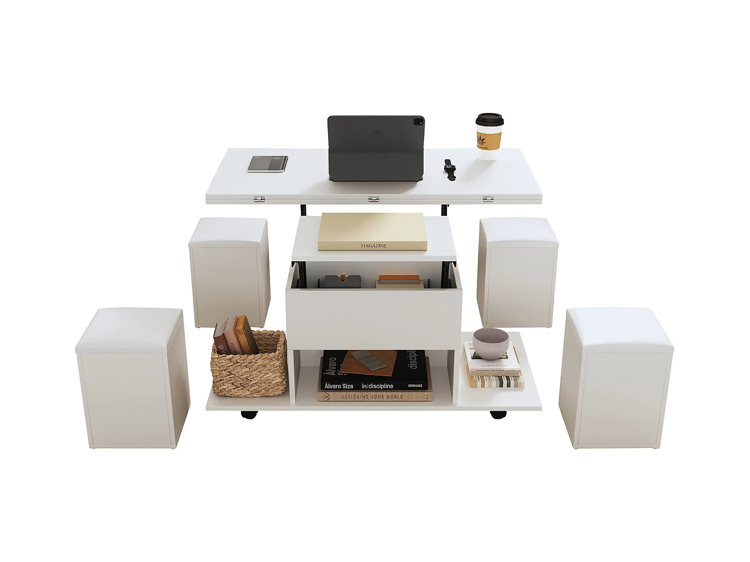 Table basse extensible mécanisme relevage double multifonction blanc salon bureau salle à manger
