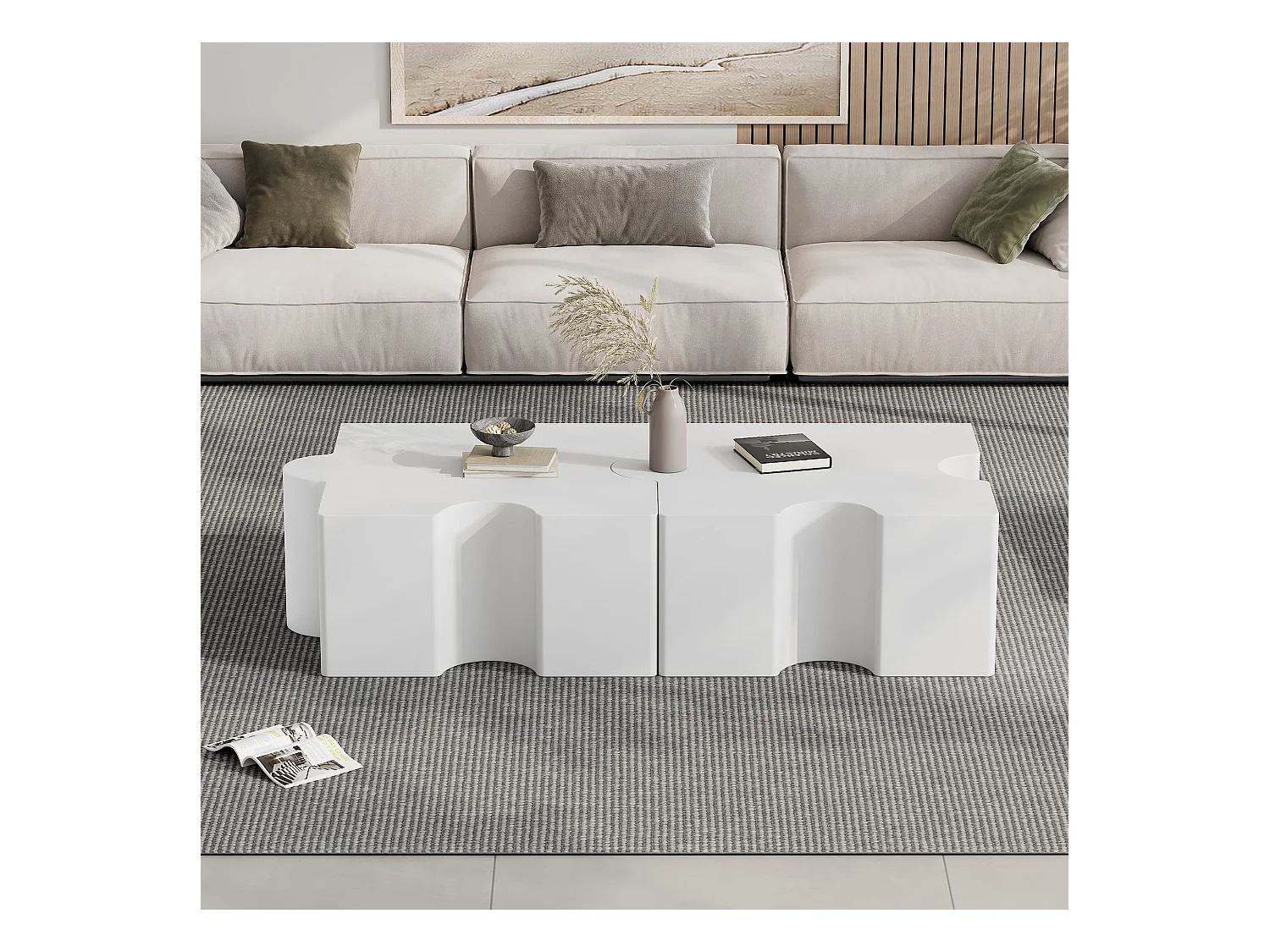 Lot de 2 tables basses 65x60x32 cm modulables design puzzle séparables blanc salon