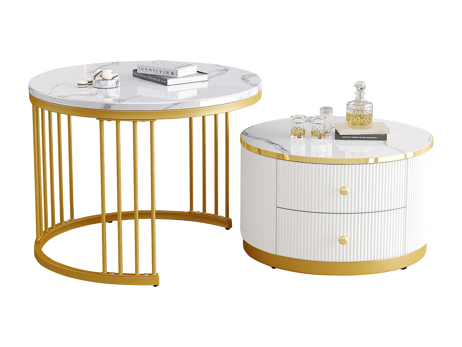 Table basse set de 2 60x60x45.5 cm 50x50x32 cm moderne rangements MDF salon blanc