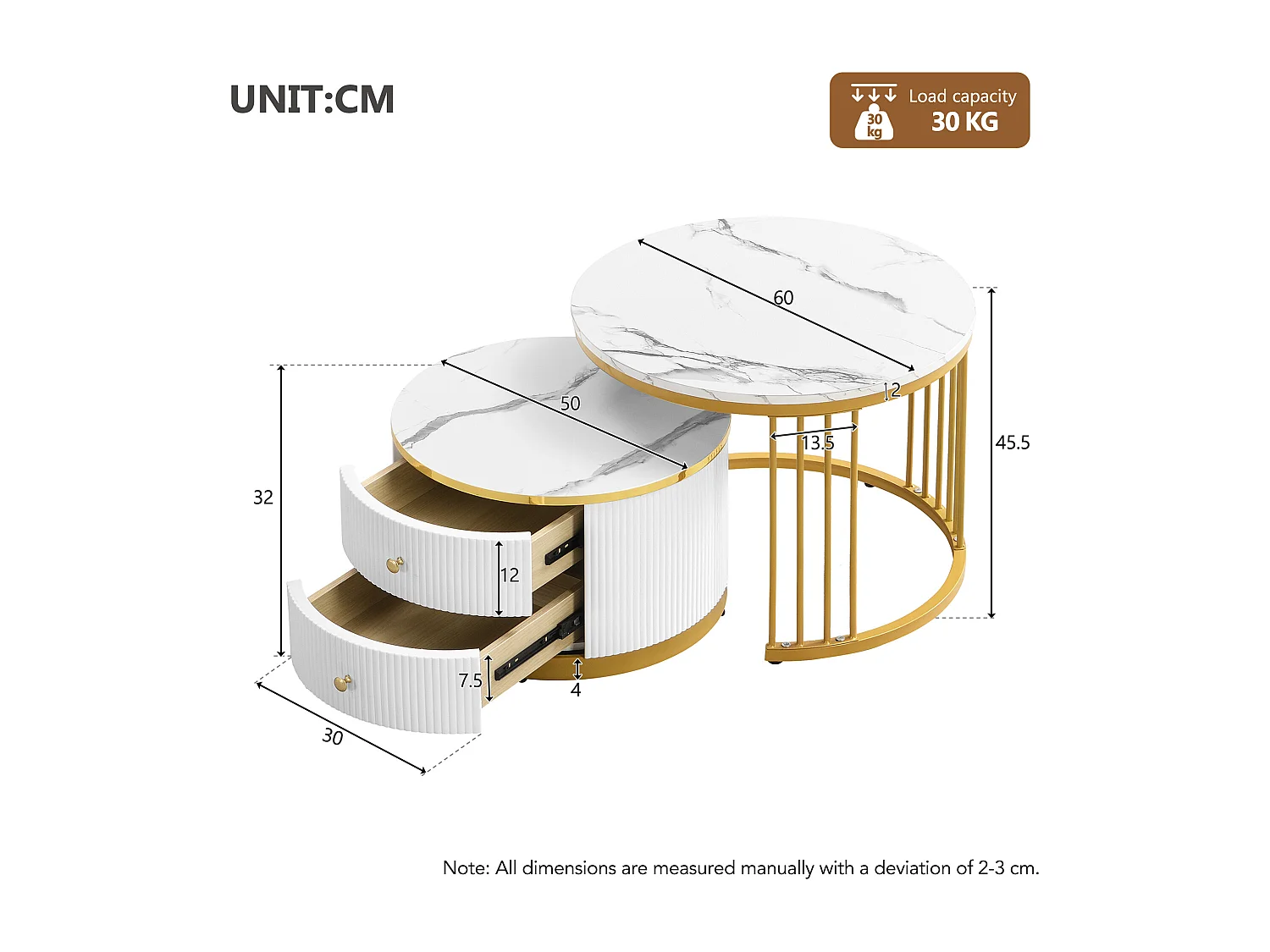 Lot de 2 tables basses rondes 60x60x45.5 cm et 50x50x32 cm, gigognes, 2 tiroirs, MDF, blanc