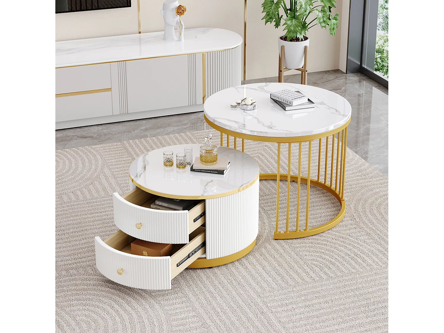 Lot de 2 tables basses rondes 60x60x45.5 cm et 50x50x32 cm, gigognes, 2 tiroirs, MDF, blanc