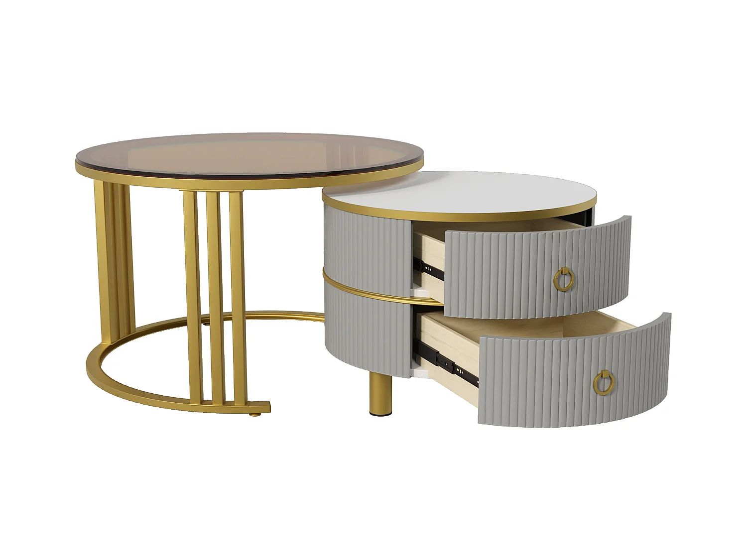 Set van twee tafels 70x70x45cm met twee laden twee werkbladen en opslagruimte brengen Materiaal MDF en grijs