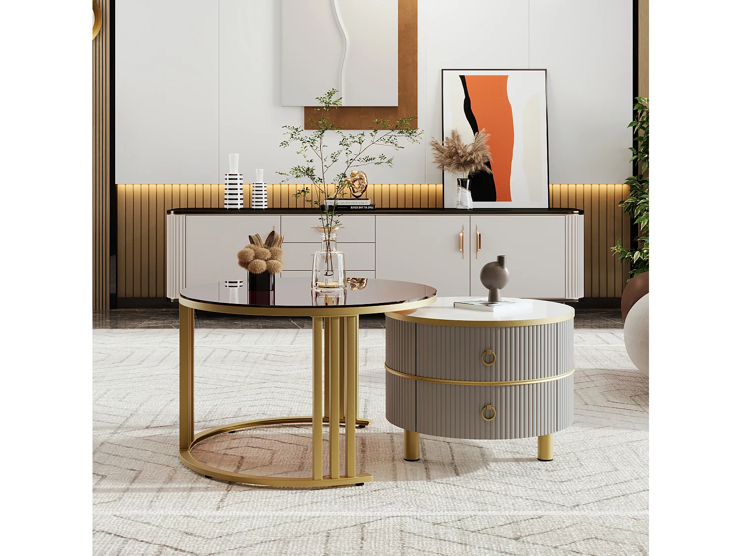 Lot de 2 tables basses 70x70x45cm Avec deux tiroirs, deux plateaux et espace de rangement Matériel MDF Gris pour étude