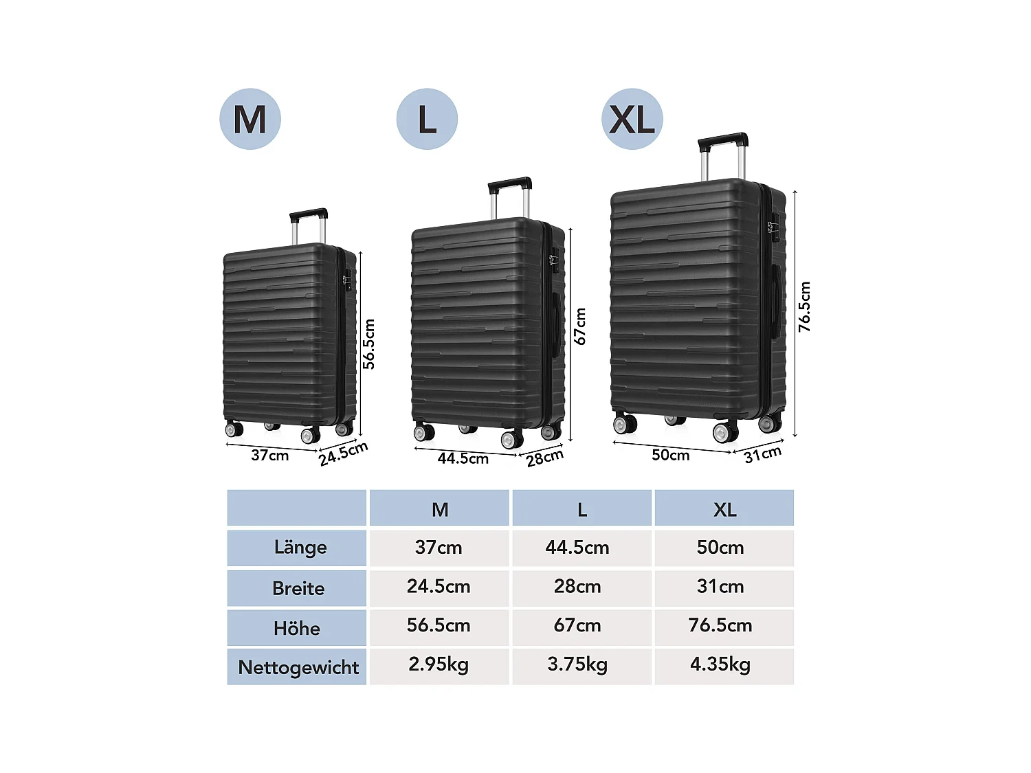 Bagage à main à coque rigide 50x31x76.5cm Trois tailles Cadenas TSA Etanche Poignée télescopique Matériel ABS Noir