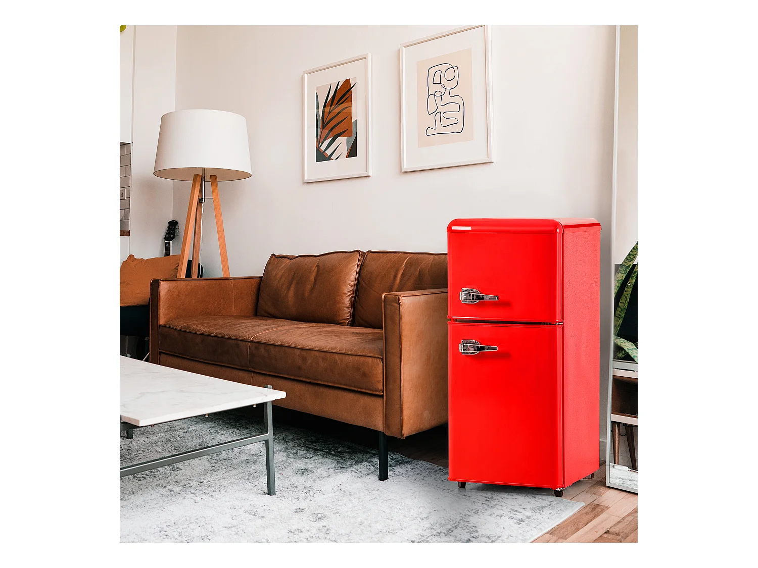 Réfrigérateur 45.5x42x88.8cm 2 Portes 60L Total 22L Congélateur LED Espace de rangement Matériel Iron et Rouge