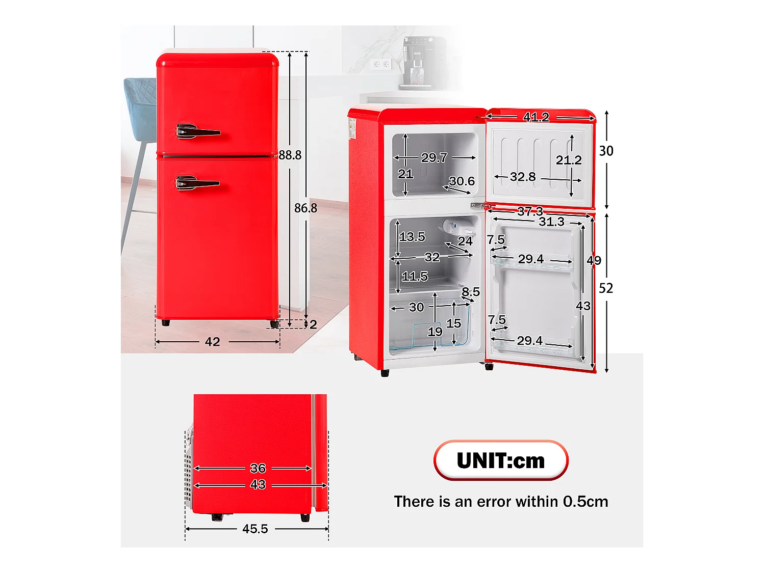 Réfrigérateur 45.5x42x88.8cm 2 Portes 60L Total 22L Congélateur LED Espace de rangement Matériel Iron et Rouge