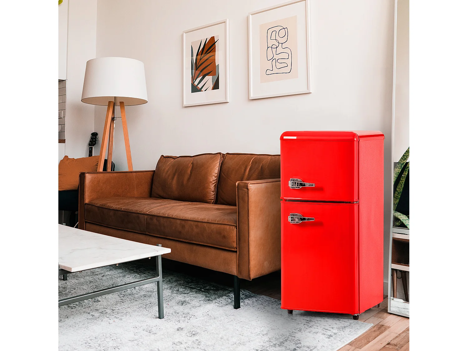 Réfrigérateur double porte 88.8x45.5x42.5 cm, 7 réglages de température, éclairage LED, fer et plastique, rouge