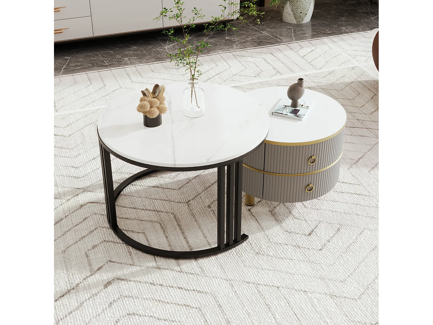 Lot de 2 tables basses 70x70x46cm Avec deux tiroirs, deux surfaces et espace de rangement Matériel MDF Gris pour salon