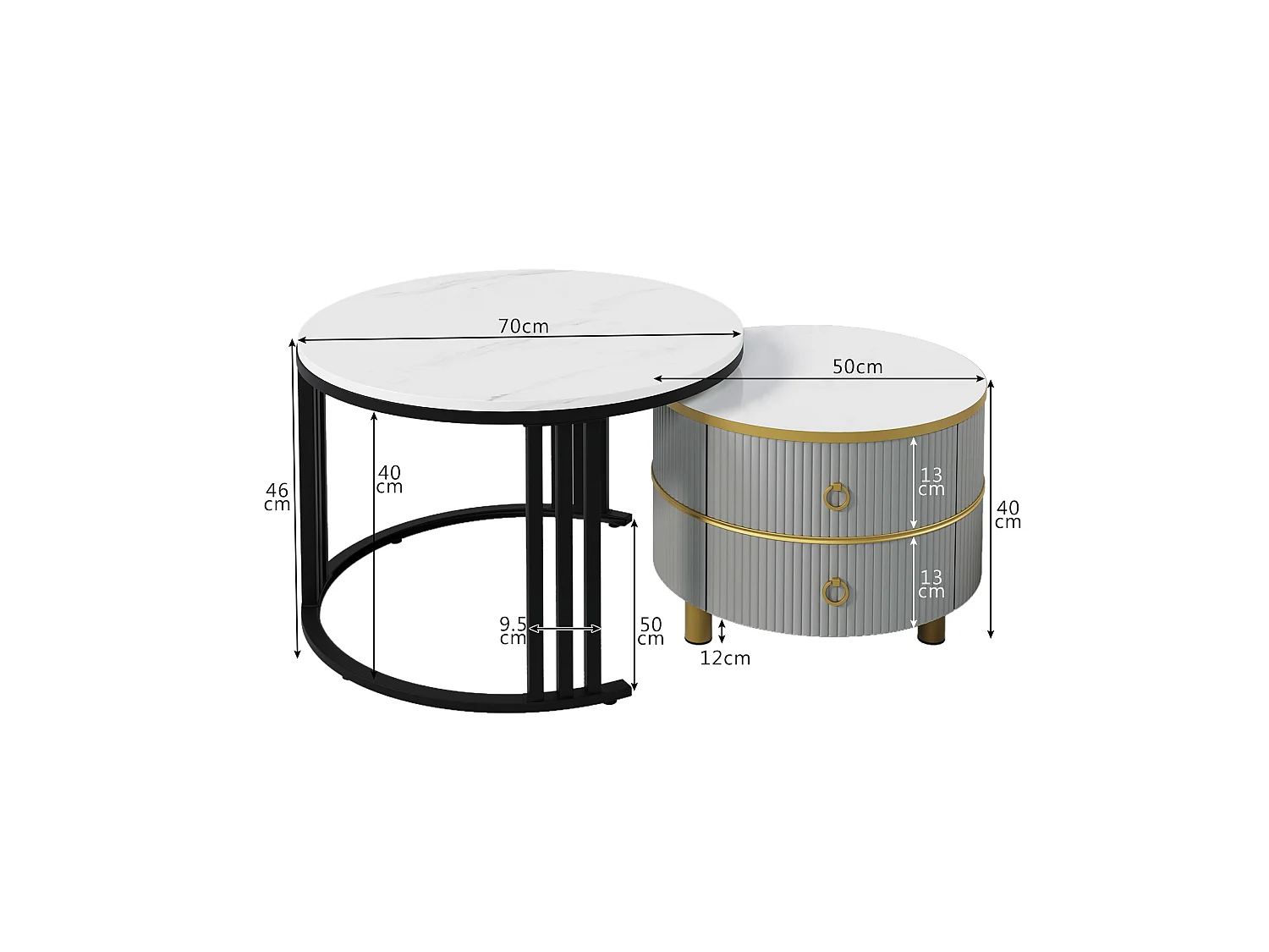 Lot de 2 tables basses 70x70x46cm Avec deux tiroirs, deux surfaces et espace de rangement Matériel MDF Gris pour salon
