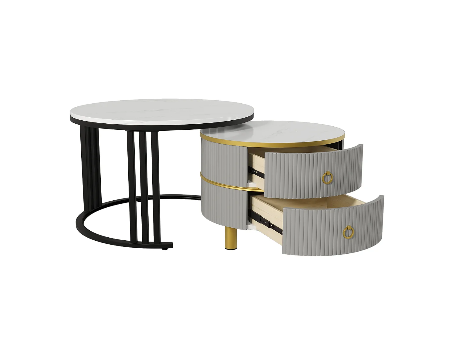 Lot de 2 tables basses 70x70x46cm Avec deux tiroirs, deux surfaces et espace de rangement Matériel MDF Gris pour salon