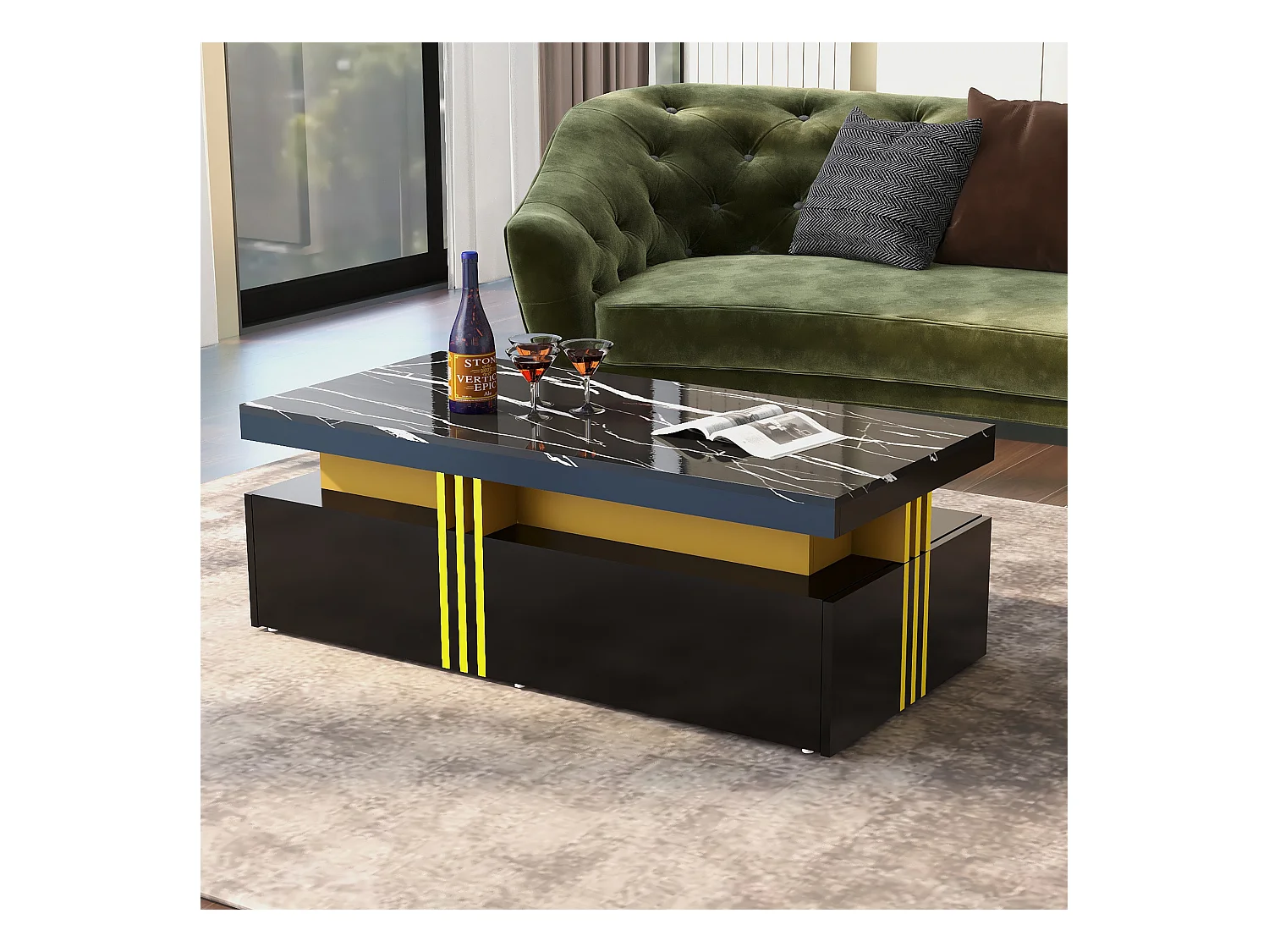 Table basse 100x50x40 cm rectangulaire plateau marbré brillant 2 tiroirs Noir salon moderne