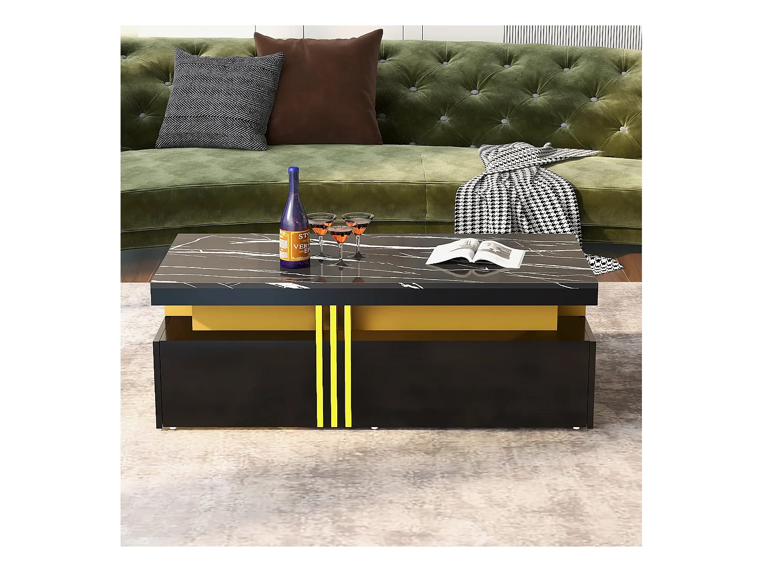 Table basse 100x50x40 cm rectangulaire plateau marbré brillant 2 tiroirs Noir salon moderne