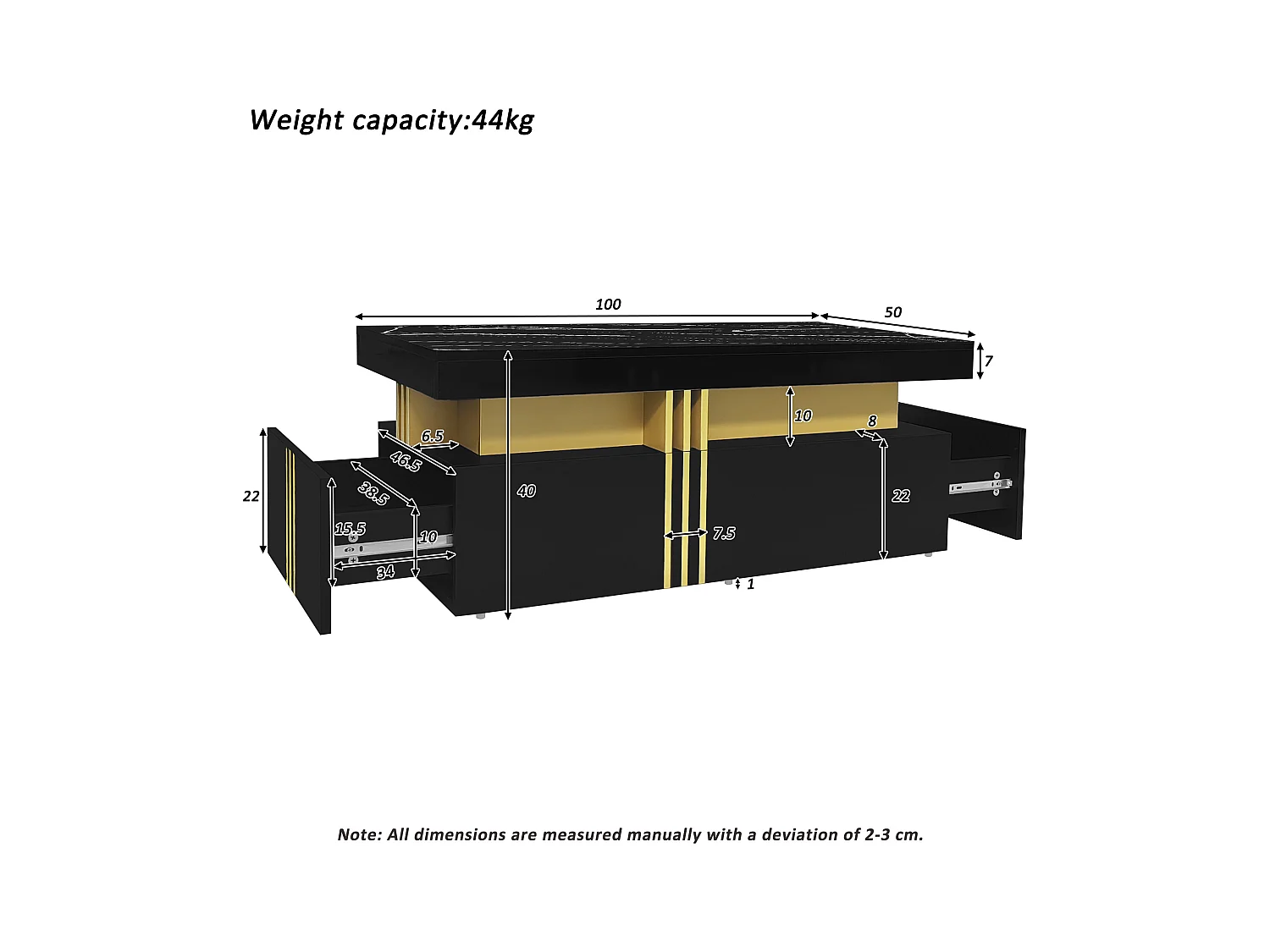 Table basse 100x50x40 cm rectangulaire plateau marbré brillant 2 tiroirs Noir salon moderne