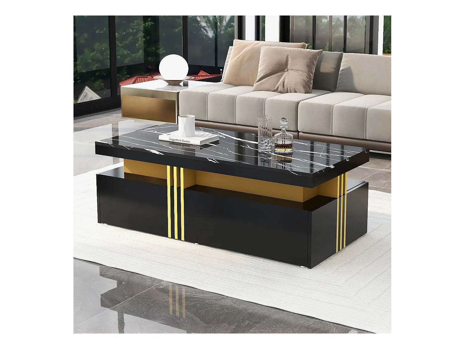 Table basse 100x50x40 cm rectangulaire plateau marbré brillant 2 tiroirs Noir salon moderne