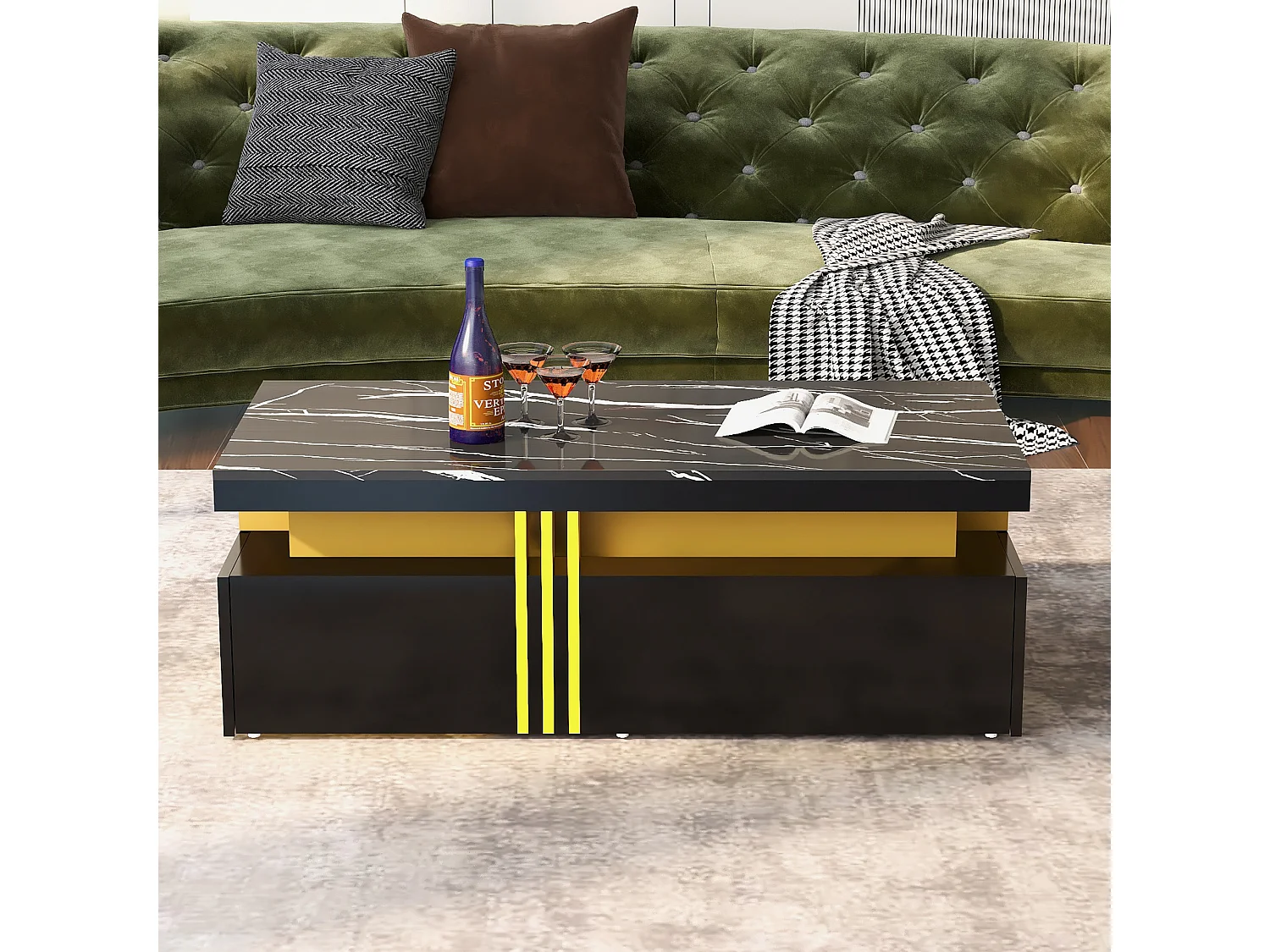 Table basse 100x50x40 cm rectangulaire plateau marbré brillant 2 tiroirs Noir salon moderne