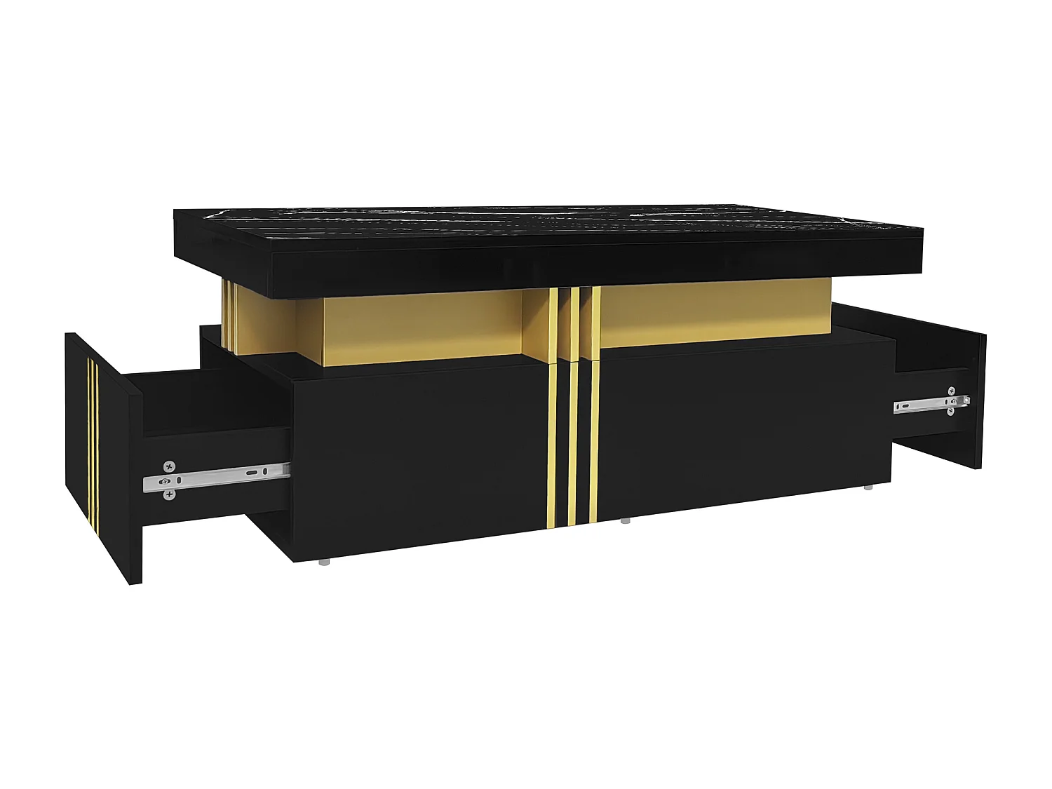 Table basse 100x50x40 cm rectangulaire plateau marbré brillant 2 tiroirs Noir salon moderne