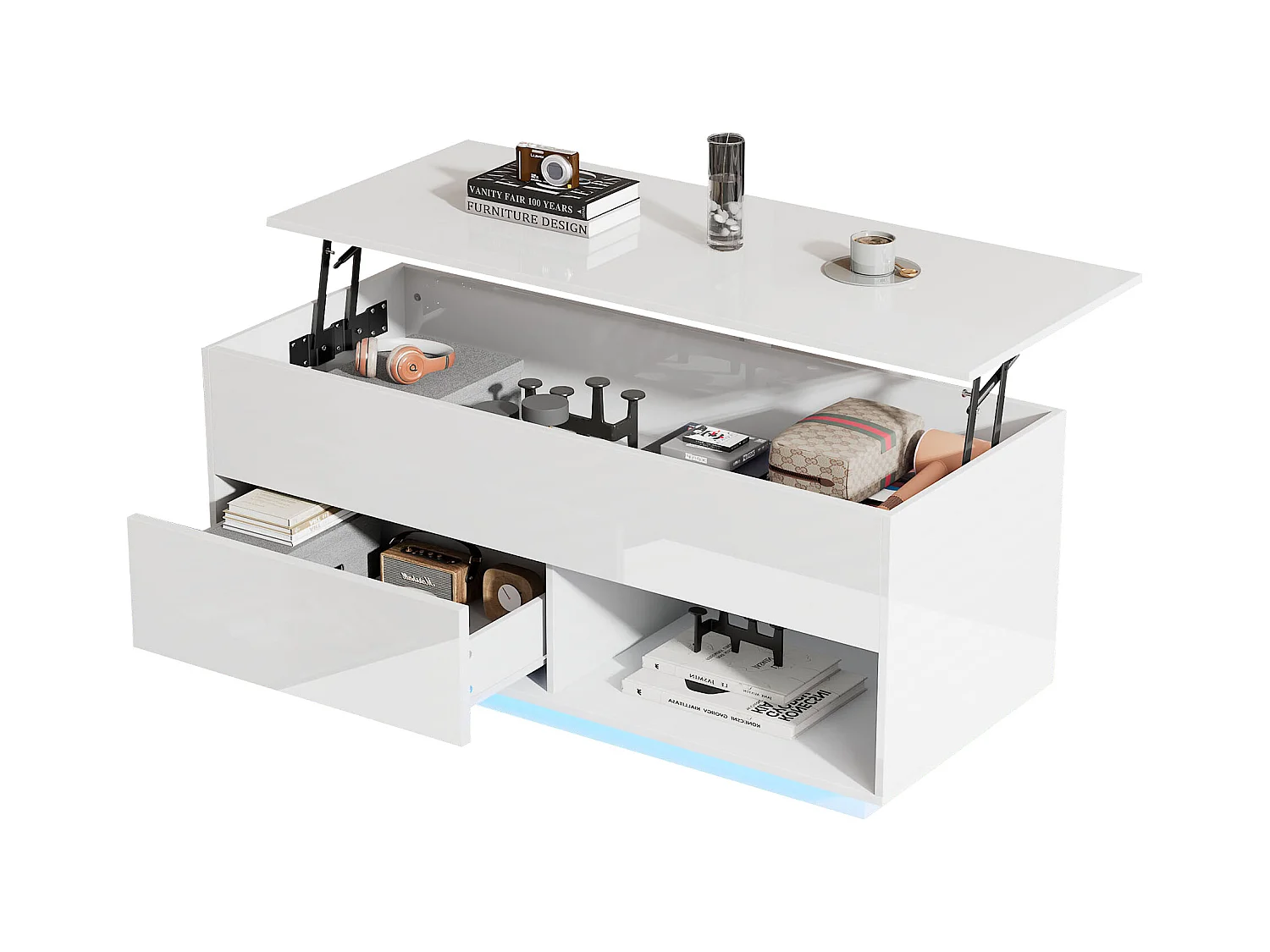 Table basse 100x50x55cm LED levage hydraulique rangement multi-niveaux Blanc pour salon