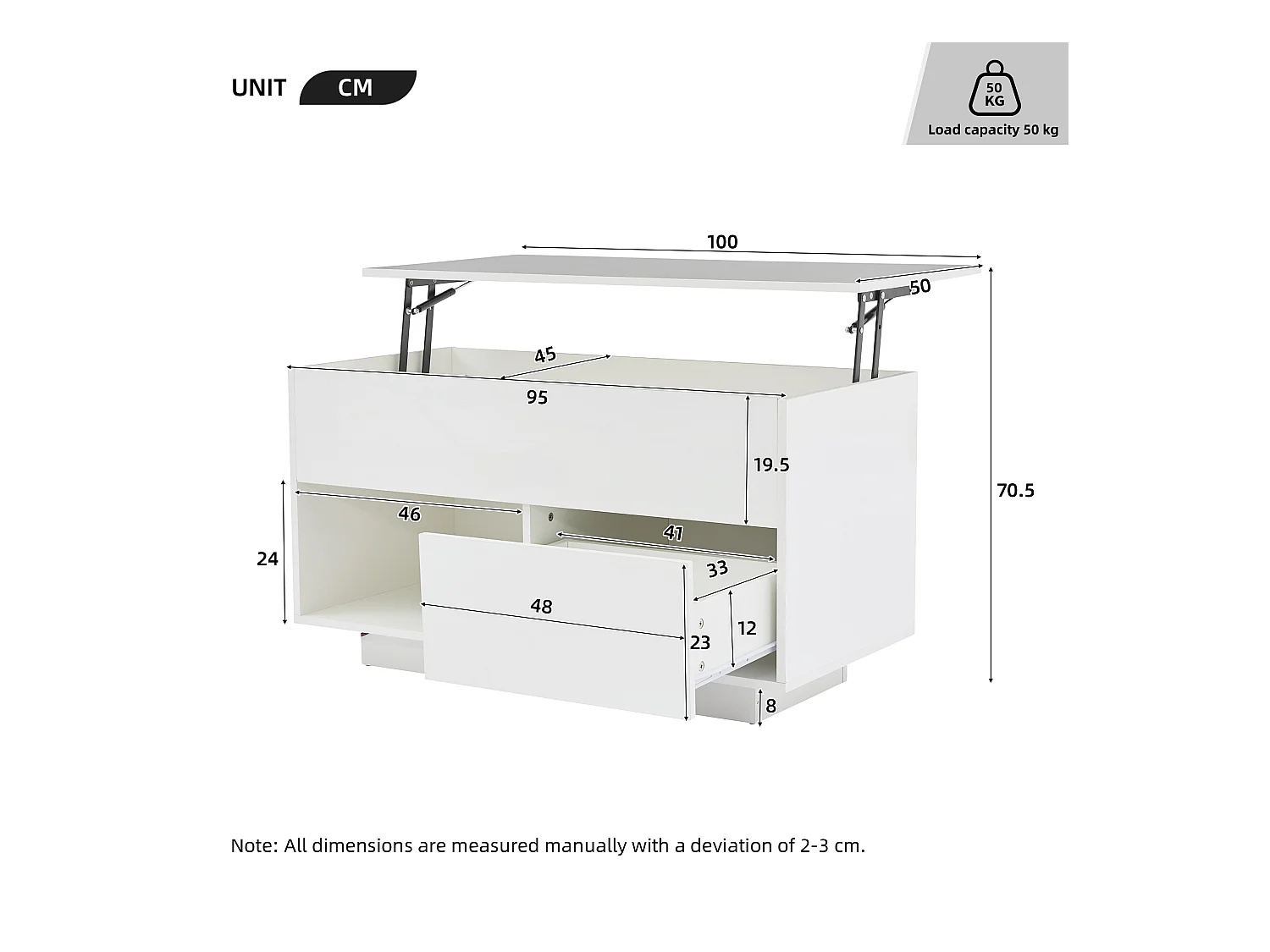 Table basse 100x50x55cm LED levage hydraulique rangement multi-niveaux Blanc pour salon